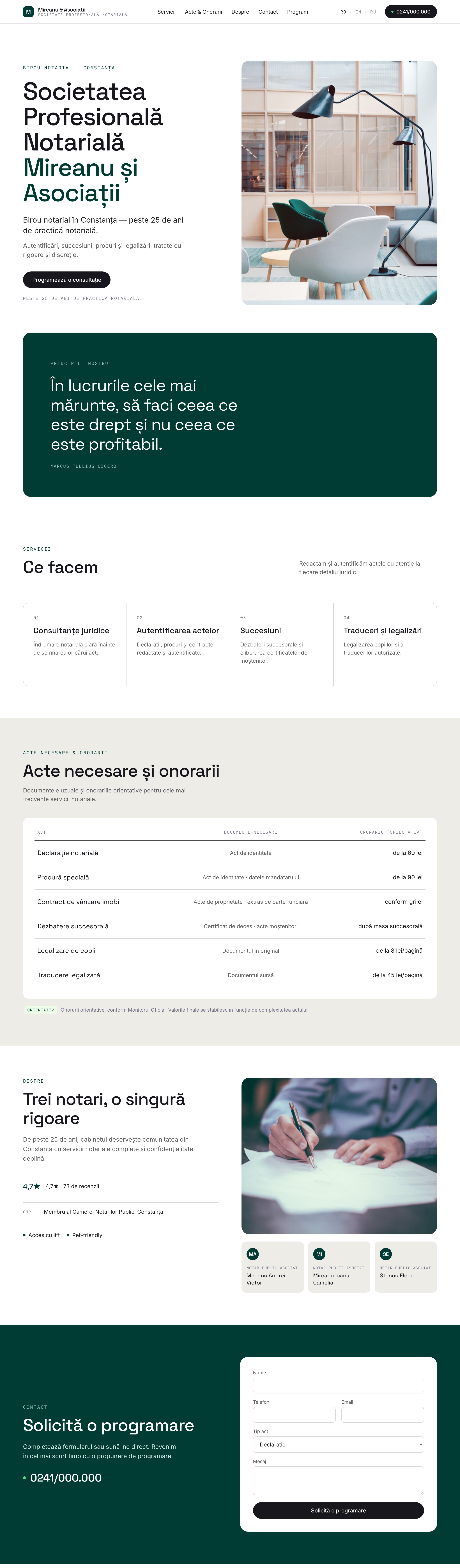 The full concept homepage on desktop, top to bottom: services, documents and fees table, appointment form, location