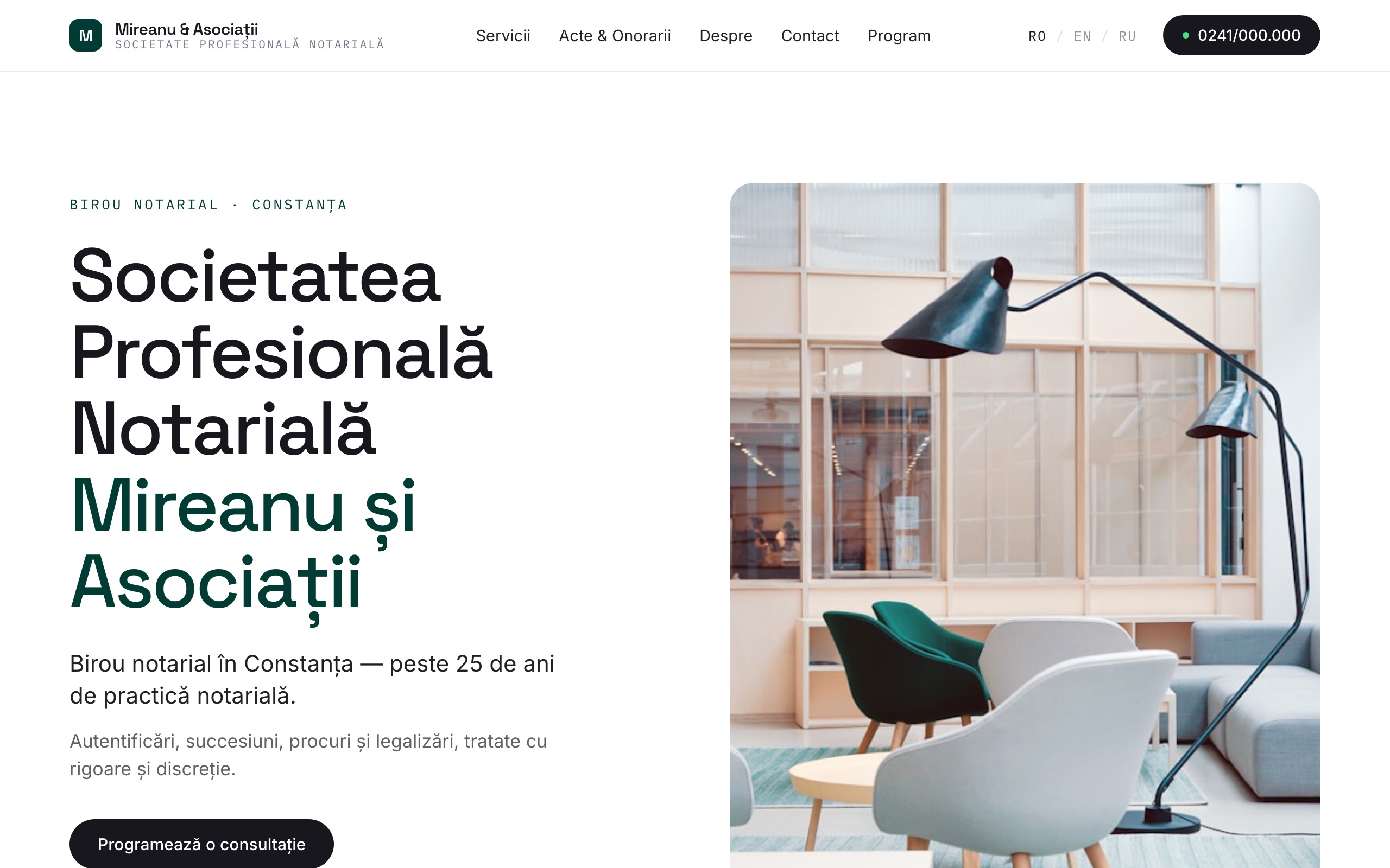 Desktop hero: white editorial canvas, institutional typography, and the deep-green statement band