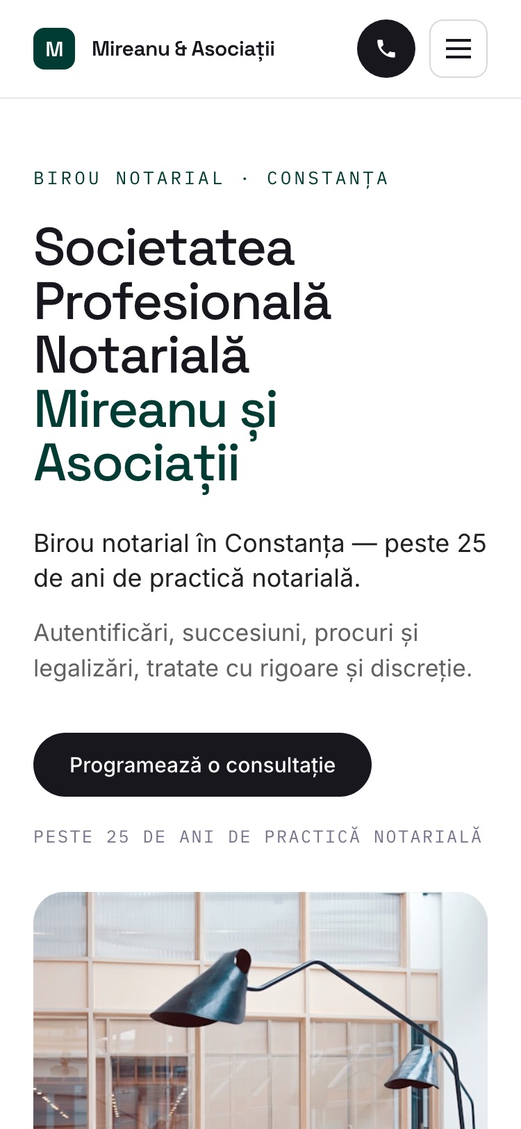 Mobile homepage concept: the notary office name, a quiet institutional hero, and an appointment-request call to action